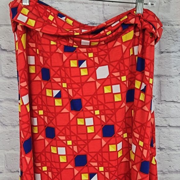 NEW LuLaRoe Maxi Skirt 2XL 22/24 Red Geometric Long Jersey Knit Plus Size Flowy - Picture 6 of 8